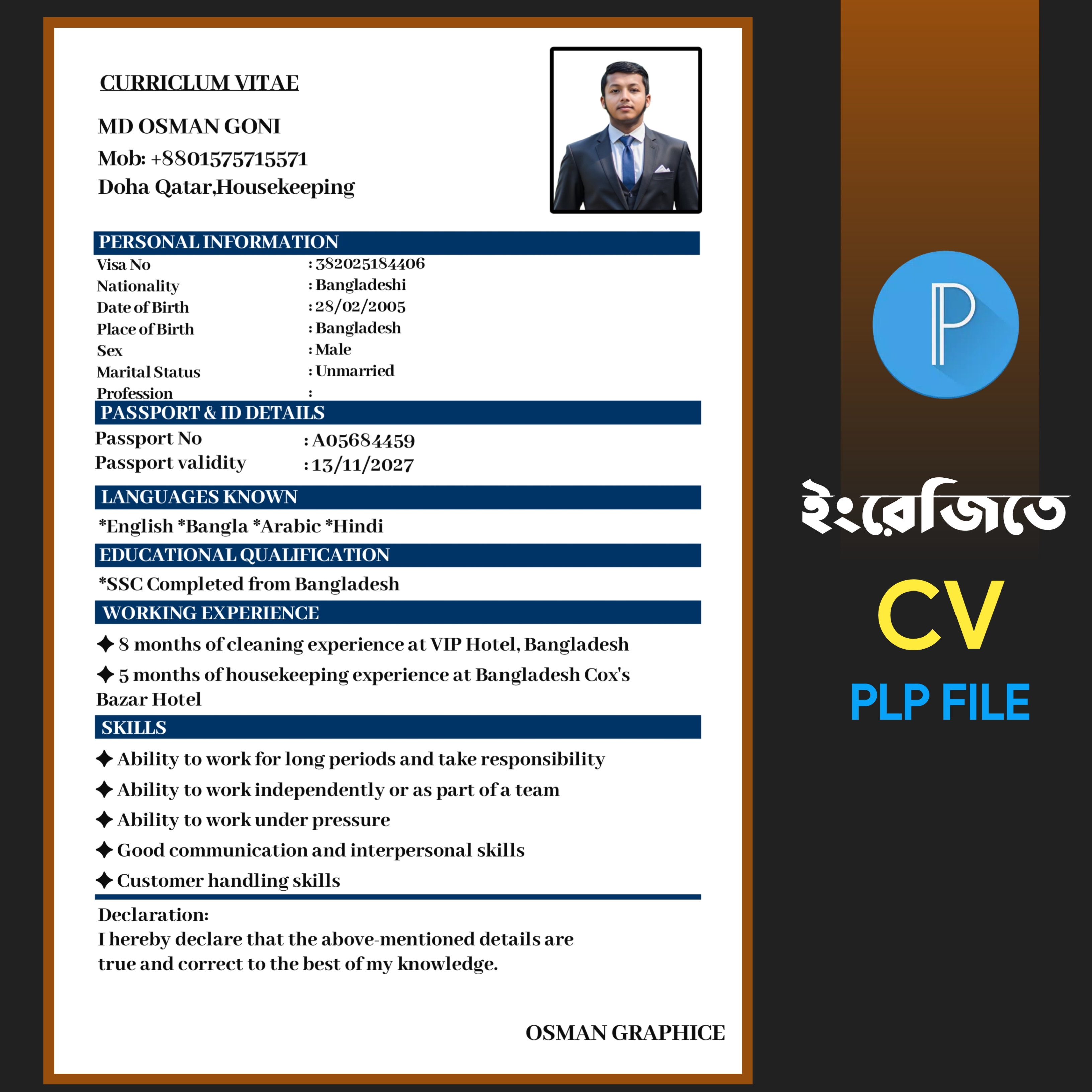 চাকরির জন্য ইংরেজি তে সিভি ডিজাইন (PLP File) CV Bio-data Design